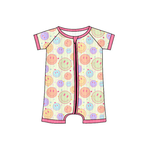 Preorder (moq 5)Baby Girls Short Sleeves Colorful Smiles Stars Plaid Zipper Shorts Rompers 6.4