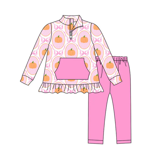 Preorder (moq 5)Baby Girls Long Sleeves Pink Bows Pumpkins Plaid Pocket Zipper Top Legging Pants Set 7.28