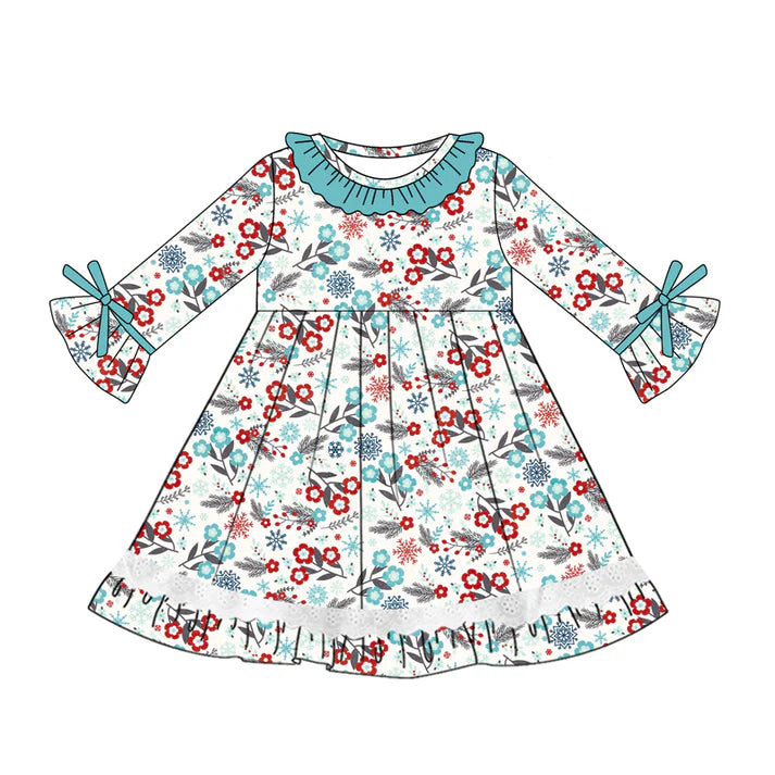 Preorder (moq 5)Baby Girls Long Sleeves Blue Red Flowers Lace Ruffle Knee Length Dresses 5.21