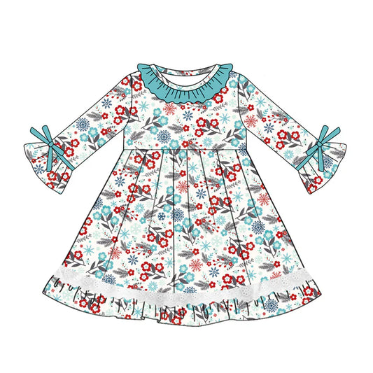 Preorder (moq 5)Baby Girls Long Sleeves Blue Red Flowers Lace Ruffle Knee Length Dresses 5.21