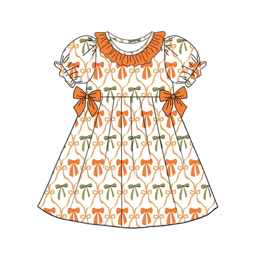 Preorder (moq 5)Baby Girls Orange Short Ruffle Sleeves Colorful Bows Plaid Knee Length Dresses 4.24