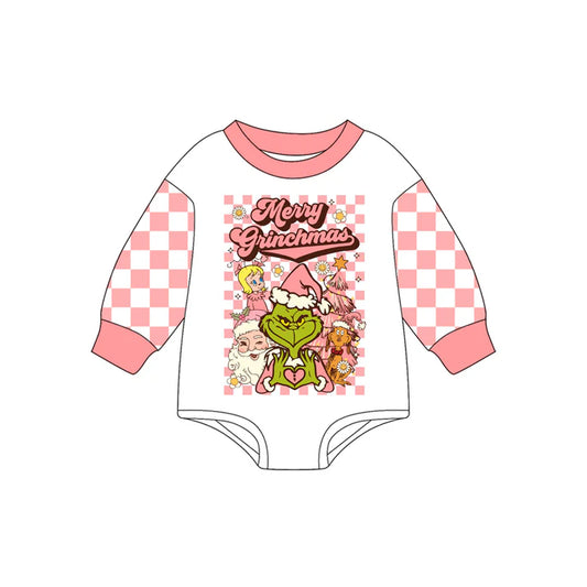 Preorder(moq 5)Baby Girls Peach Plaid Long Sleeves Merry Christmas Santa Rompers 7.18