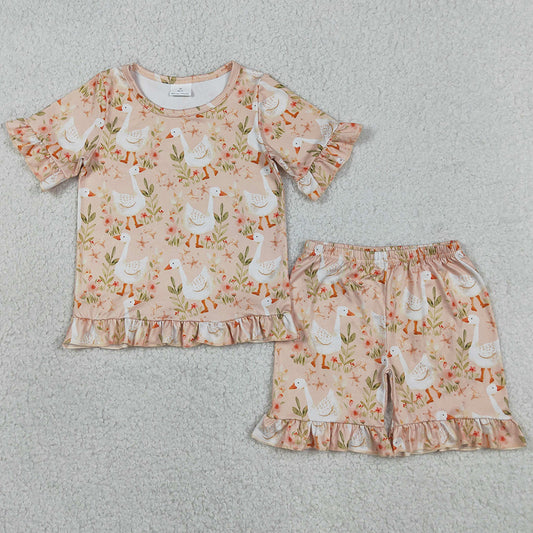 Baby Girls Clothes Flowers Gooses Top Ruffle Shorts Pajamas Clothes Sets GSSO3329