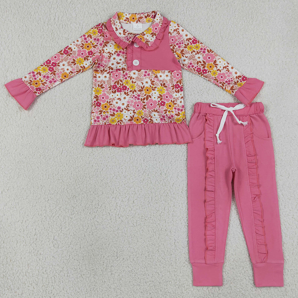 Baby Girls Clothes Colorful Flowers Button Ruffle Pullover Top Jogger Hunting Clothes Sets GLP3315
