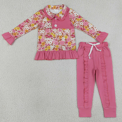 Baby Girls Clothes Colorful Flowers Button Ruffle Pullover Top Jogger Hunting Clothes Sets GLP3315