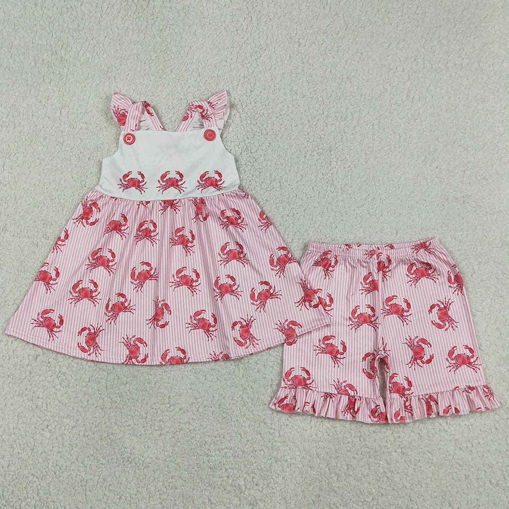 Baby Girls Clothes Flutter Sleeve Pink Stripe Crabs Tunic Ruffle Shorts Clothes Sets GSSO3066