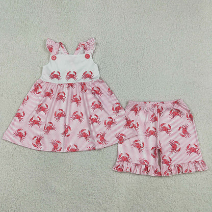 Baby Girls Clothes Flutter Sleeve Pink Stripe Crabs Tunic Ruffle Shorts Clothes Sets GSSO3066