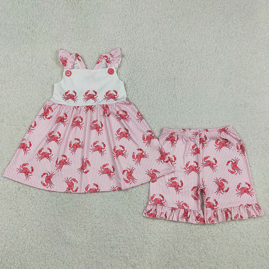 Baby Girls Clothes Flutter Sleeve Pink Stripe Crabs Tunic Ruffle Shorts Clothes Sets GSSO3066