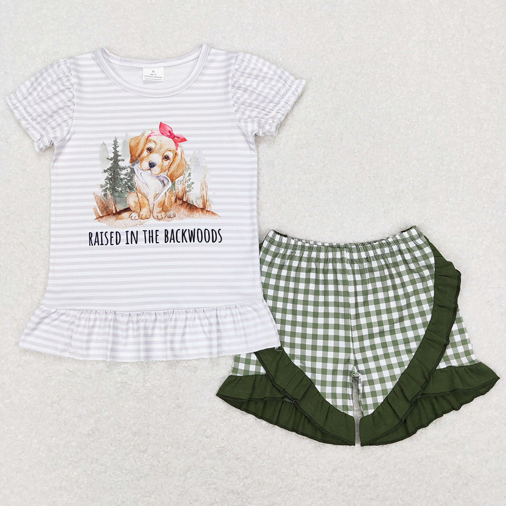 Baby Girls Clothes Toddler Dog Backwoods Stripes Shirts Ruffle Shorts Sets GSSO0417