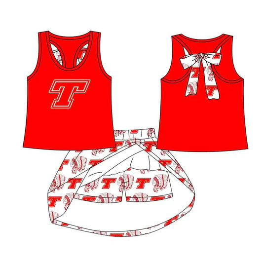Preorder (moq 5)Baby Girls Red T India bow vest team Top Skirt Skort Sets 8.13