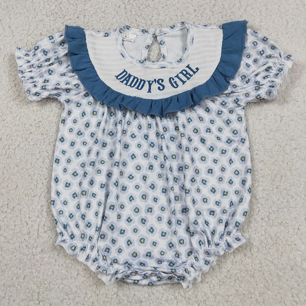 Baby Girls Rompers Smocked Daddy's Girl Blue Flowers Ruffle Rompers SR4141