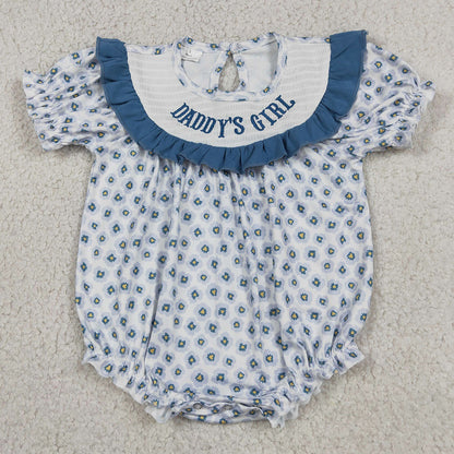Baby Girls Rompers Smocked Daddy's Girl Blue Flowers Ruffle Rompers SR4141