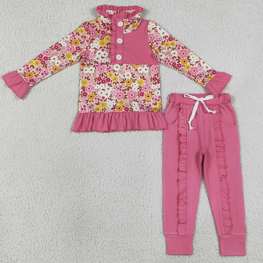 Baby Girls Clothes Colorful Flowers Button Ruffle Pullover Top Jogger Hunting Clothes Sets GLP3315