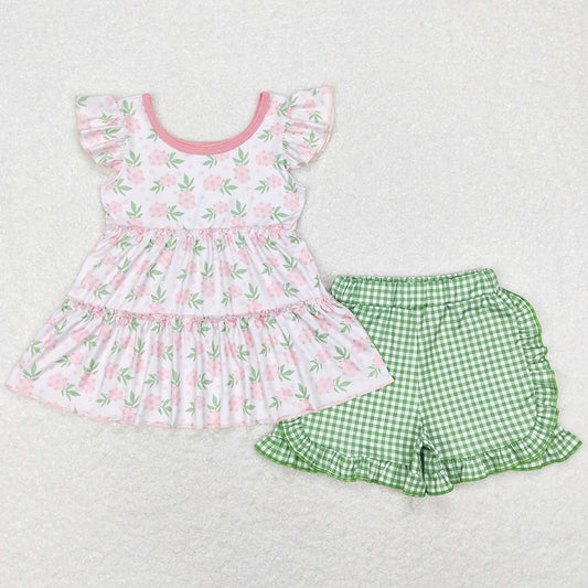 Baby Girls Clothes Toddler Green Pink Flowers Tunic Top Summer Shorts Sets GSSO0440