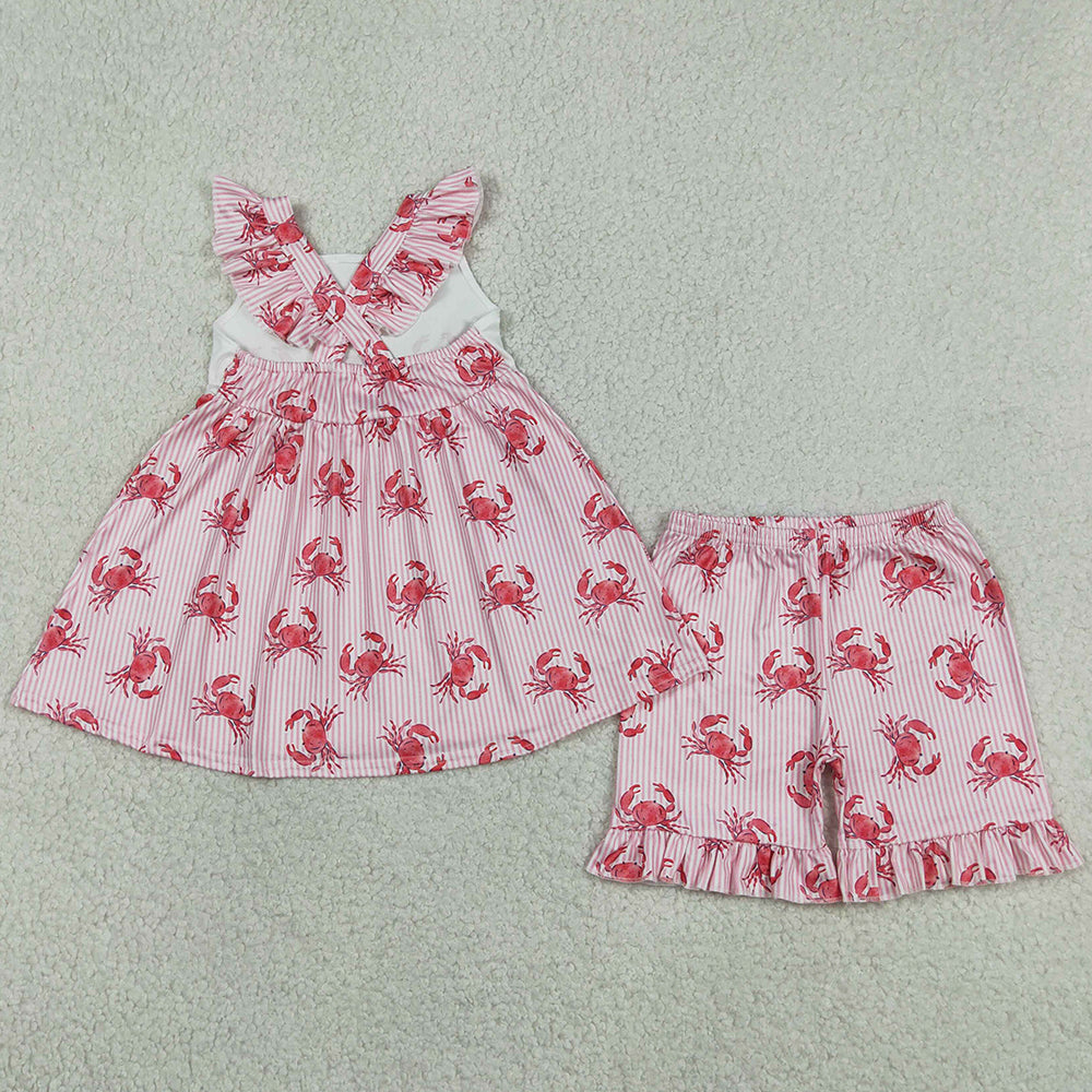 Baby Girls Clothes Flutter Sleeve Pink Stripe Crabs Tunic Ruffle Shorts Clothes Sets GSSO3066