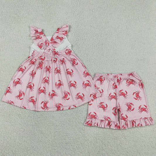 Baby Girls Clothes Flutter Sleeve Pink Stripe Crabs Tunic Ruffle Shorts Clothes Sets GSSO3066