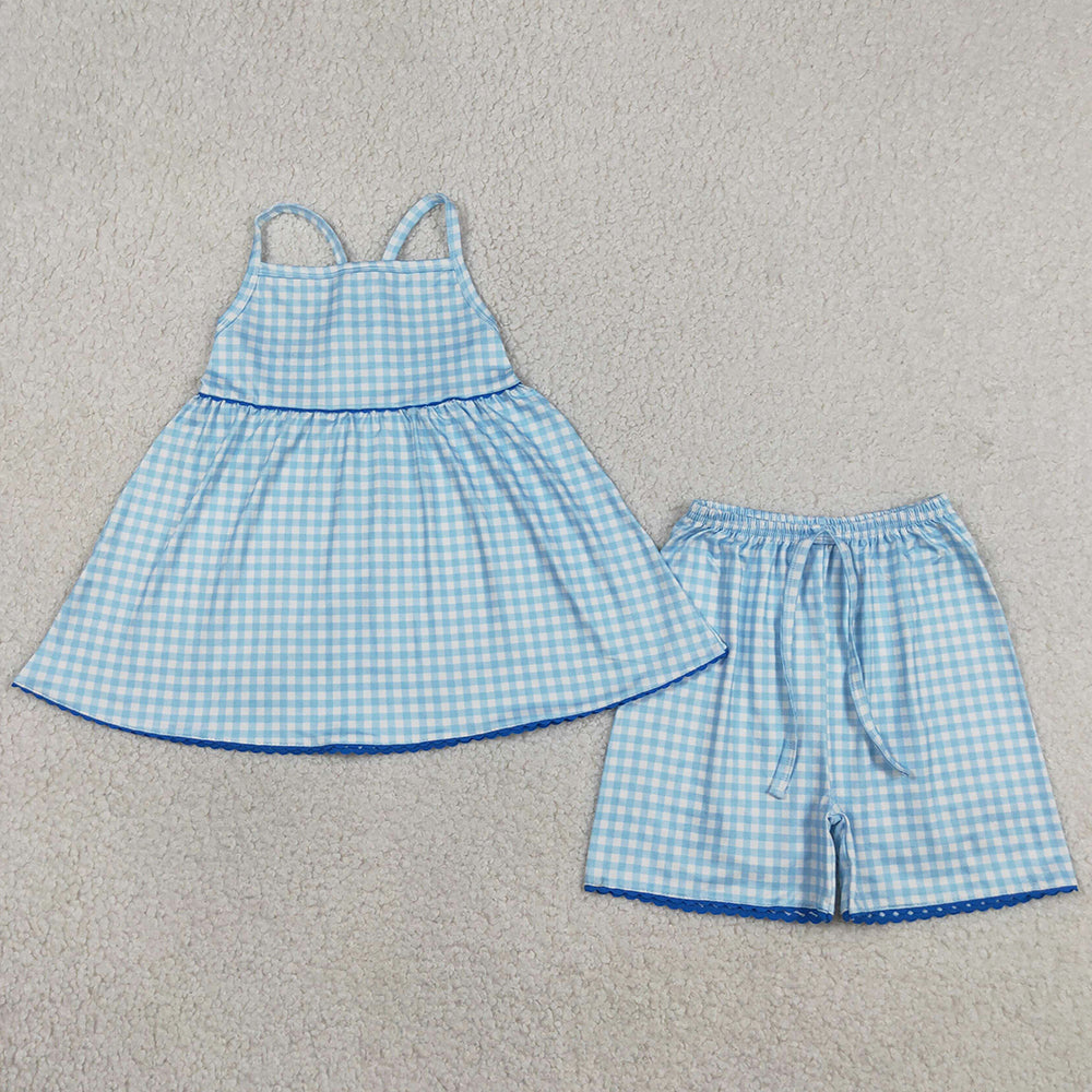 Baby Girls Clothes Strap Blue Checked Tunic Shorts Clothes Sets GSSO3418