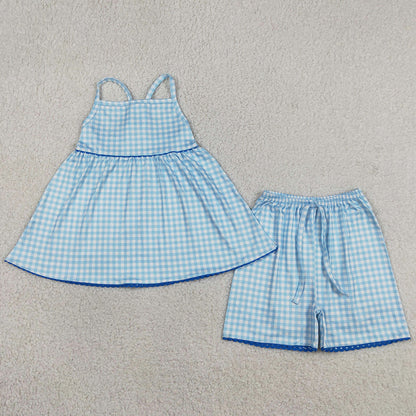 Baby Girls Clothes Strap Blue Checked Tunic Shorts Clothes Sets GSSO3418