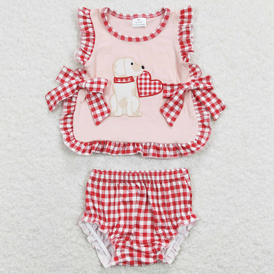 Valentine's Day Dog Love Embroidery Baby Girls Clothes Bummies Sets GBO0230