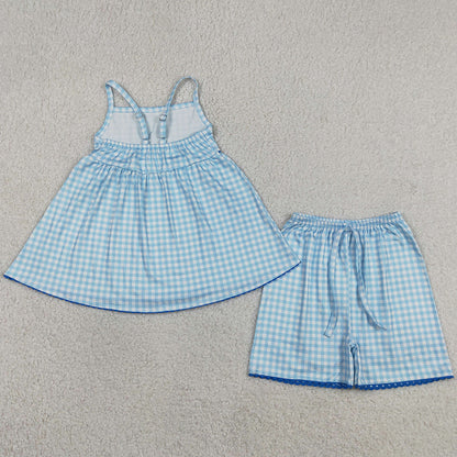 Baby Girls Clothes Strap Blue Checked Tunic Shorts Clothes Sets GSSO3418