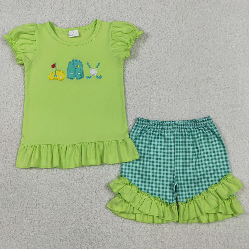 Baby Girls Clothes Embroidery Golf Flag Tops Green Checked Ruffle Shorts Clothes Sets GSSO3033