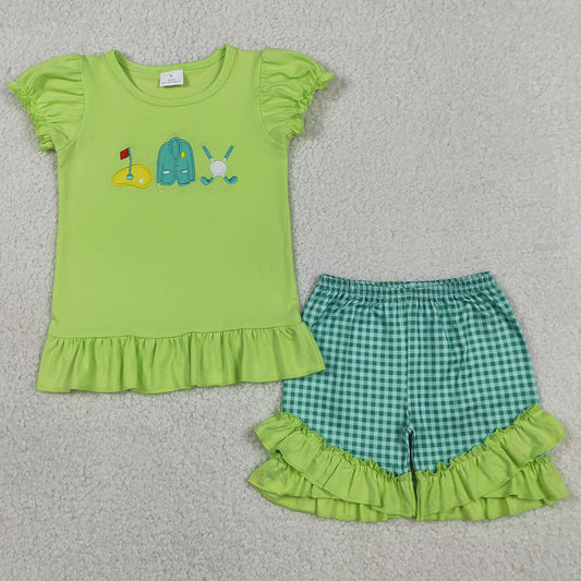 Baby Girls Clothes Embroidery Golf Flag Tops Green Checked Ruffle Shorts Clothes Sets GSSO3033