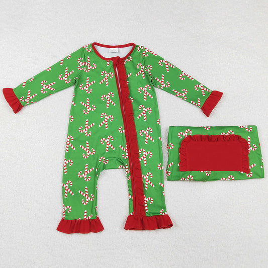 Baby Infant Girls Rompers Christmas Candy Cane Long Sleeve Zip Rompers LR1236