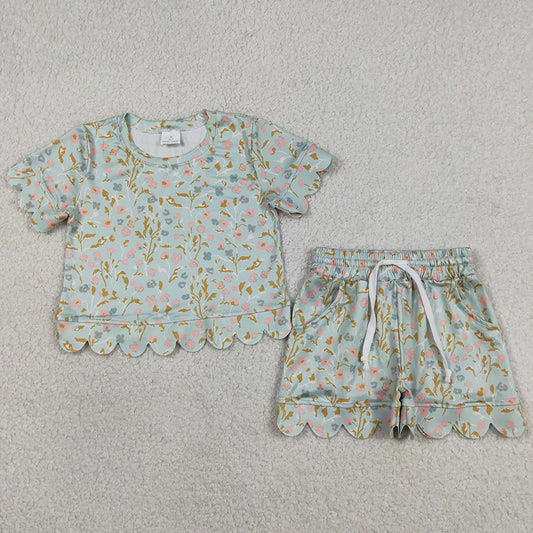 Baby Girls Clothes Short Sleeve Colorful Flowers Top Pockets Shorts Scallop Clothes Sets GSSO3266