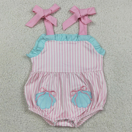 Baby Girls Rompers Embroidery Shell Pockets Strap Pink Stripe Ruffle Rompers SR4127