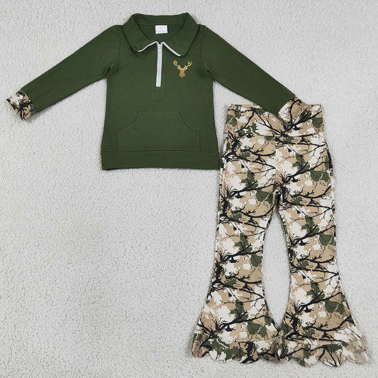 Embroidery Deer Baby Girls Zip Pocket Pullovers Scallop Bell Bottom Pants Hunting Clothes Sets GLP3369