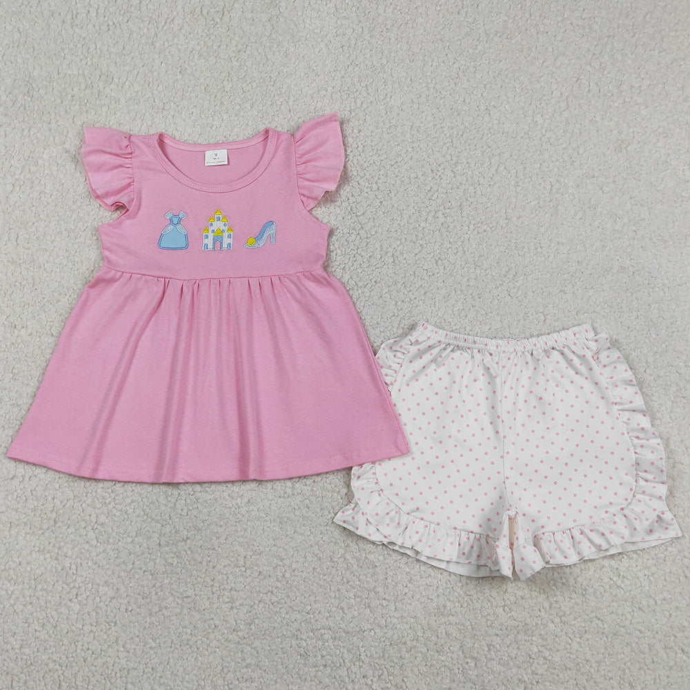 Baby Girls Clothes Embroidery Princess Flutter Sleeve Tunic Ruffle Shorts Clothes Sets GSSO1186