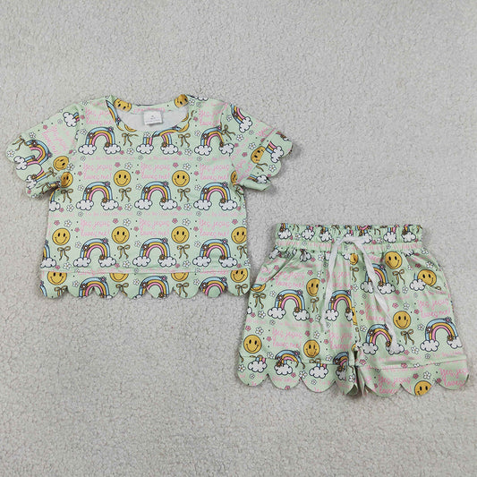 Baby Girls Clothes Rainbow Smiles Flowers Top Pockets Shorts Scallop Clothes Sets GSSO3283