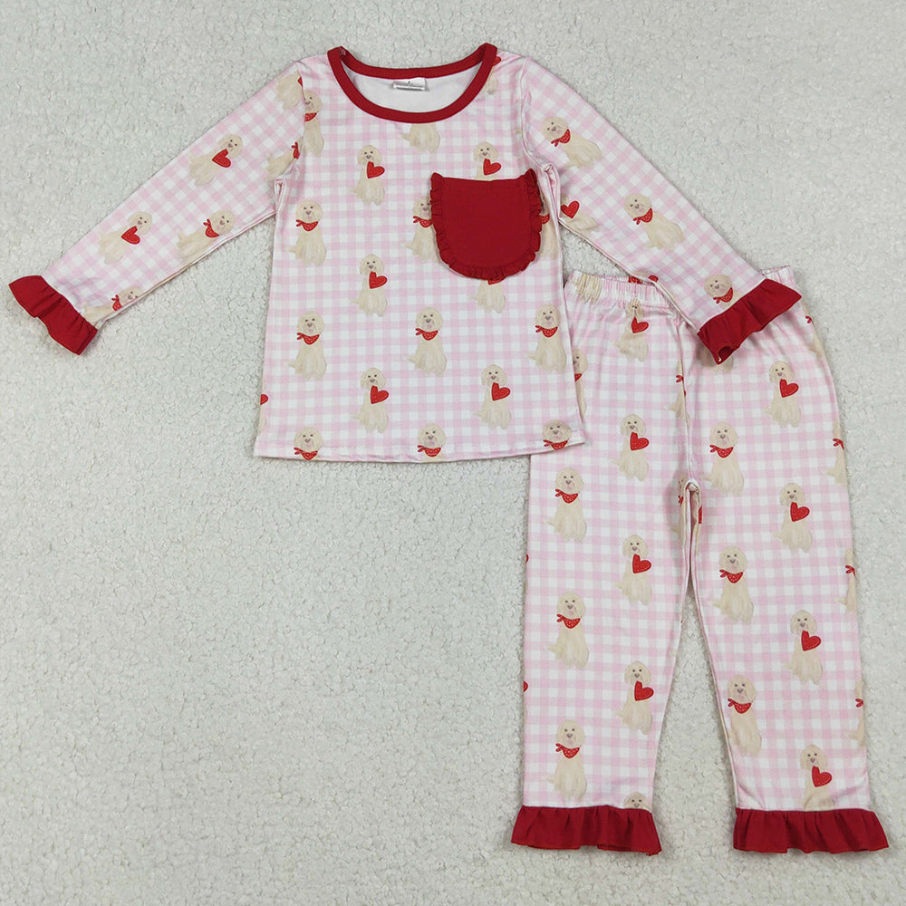 Baby Girls Pajamas Dogs Hearts Pockets Ruffle Pants Valentine Pajamas Sets GLP2880 10.21