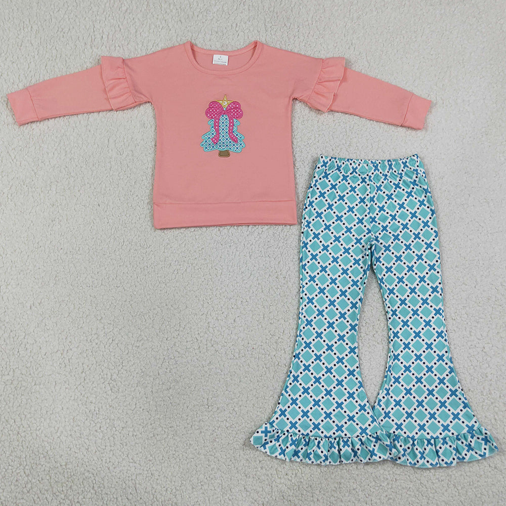 Baby Girls Clothes Embroidery Bow Trees Polka Dots Top Ruffle Pant Christmas Clothes Sets GLP3548