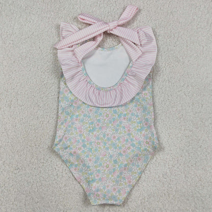 Baby Girls Swimsuits Stripe Bow Flutter Sleeve Colorful Flowers Swimming Swimsuits S0732