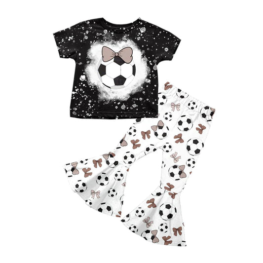Preorder (moq 5)Baby Girls Black Short Sleeves Football Bows Top White Bell Bottom Pant Set 5.12