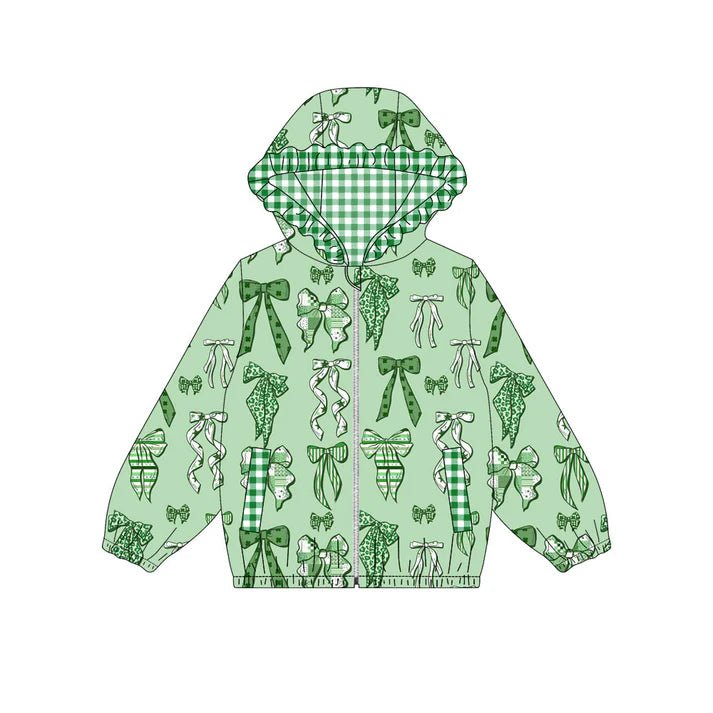 Preorder (moq 8)Baby Girls Green Bows Pocket Zipper St Patrick Ruffle Hoodies Jackets Top 9.23