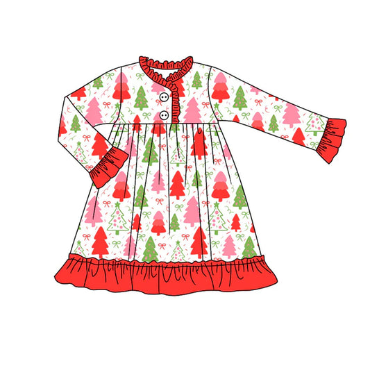 Preorder (moq 8)Baby Girls Green Red Trees Bows Christmas Button Ruffle Knee Length Dresses 9.23