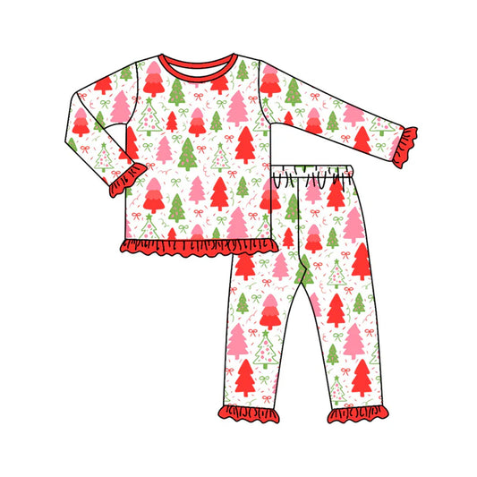 Preorder (moq 8)Baby Girls Green Red Trees Bows Top Ruffle Pants Christmas Pajamas Sets 9.23