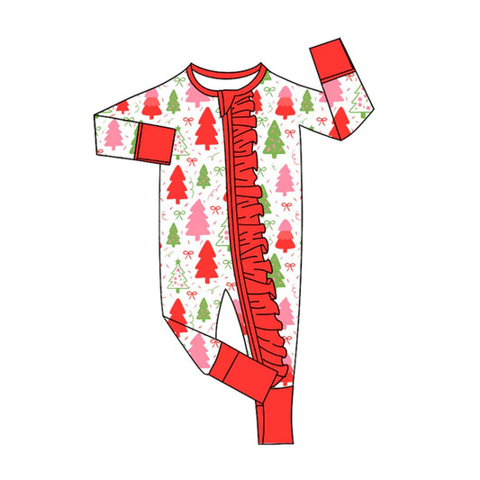 Preorder (moq 8)Baby Girls Green Red Trees Bows Christmas Ruffle Zipper Footie Rompers 9.23