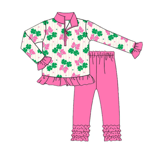 Preorder (moq 8)Baby Girls Clovers Butterfly Zipper Pullover Ruffle Leggings St Patrick Clothes Sets 9.22