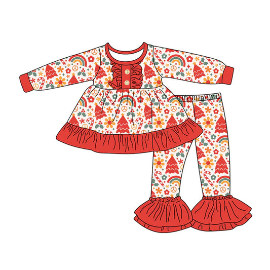 Preorder (moq 5)Baby Girls Long Sleeves Candy Cane Flowers Button Tunic Bell Bottom Pants Set 7.26