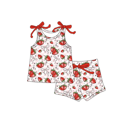 Preorder moq 5 Baby Girls Bows Sleeveless Strawberry Stars Top Short Set 4.16