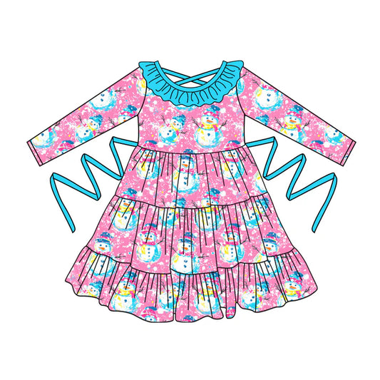 Preorder moq 5 Baby Girls Pink Long Sleeves Snowmen With Belt Ruffle Knee Length Dresses 5.2