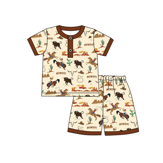 Preorder moq 5 Baby Boys Brown Short Sleeves Horse Rodeos Button Top Short Pajamas Set 4.12