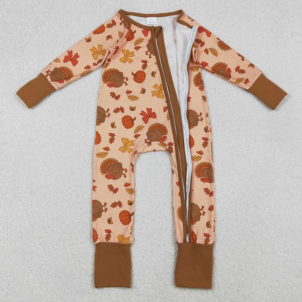Baby Girls Rompers Bows Turkey Pumpkins Thanksgiving Two Way Zip Convertible Rompers LR2689 10.21