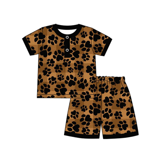 Preorder moq 5 Baby Boys Brown Short Sleeves Pawl Plaid Button Top Short Pajamas Set 4.12