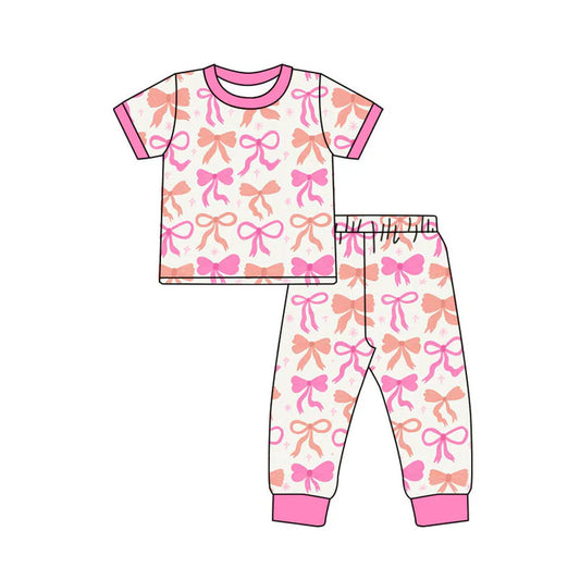Preorder(moq 8)Baby Girls Orange Pink Bows Stars Top Pant Pajamas Sets 9.29