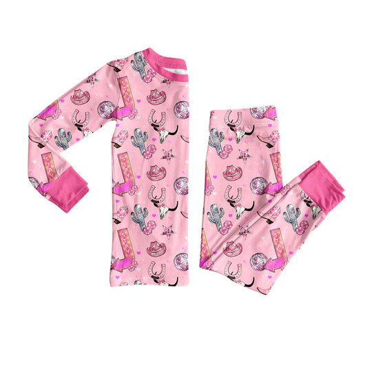 Preorder(moq 5) Baby Girls Pink Hats Bull Skulls Top Pants Western Pajamas Set 10.23