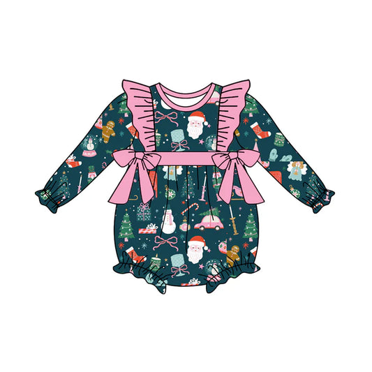 Preorder (moq 5)Baby Girls Green Long Sleeves Santa Bows Gifts Plaid Ruffle Romper 7.3